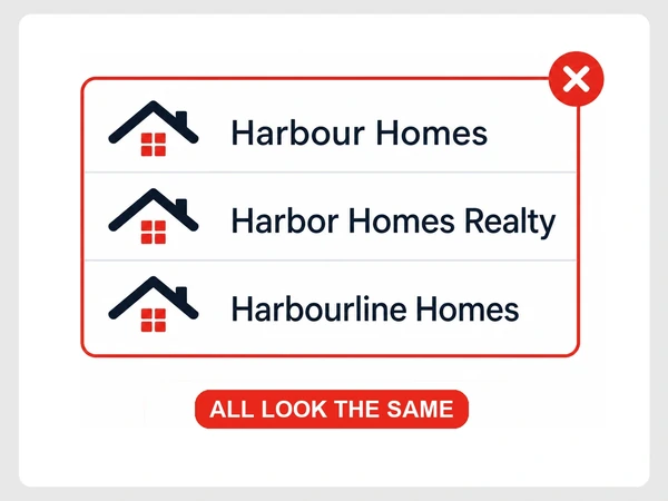 Harbour Homes, Harbor Homes Realty, and Harbourline Homes appear with nearly identical roof logos.