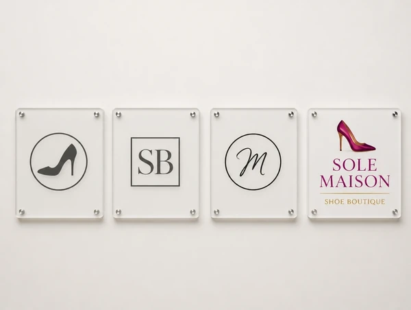 Four sign panels in a row where only the rebranded shoe boutique one carries full colour