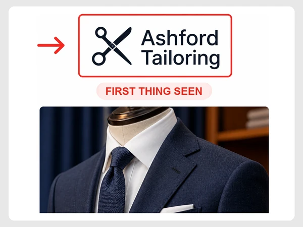 Ashford Tailoring homepage places a crude clipart scissors logo above a fine tailored suit photo.
