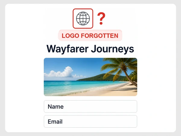 Wayfarer Journeys contact page shows a generic globe logo beside a red question mark.