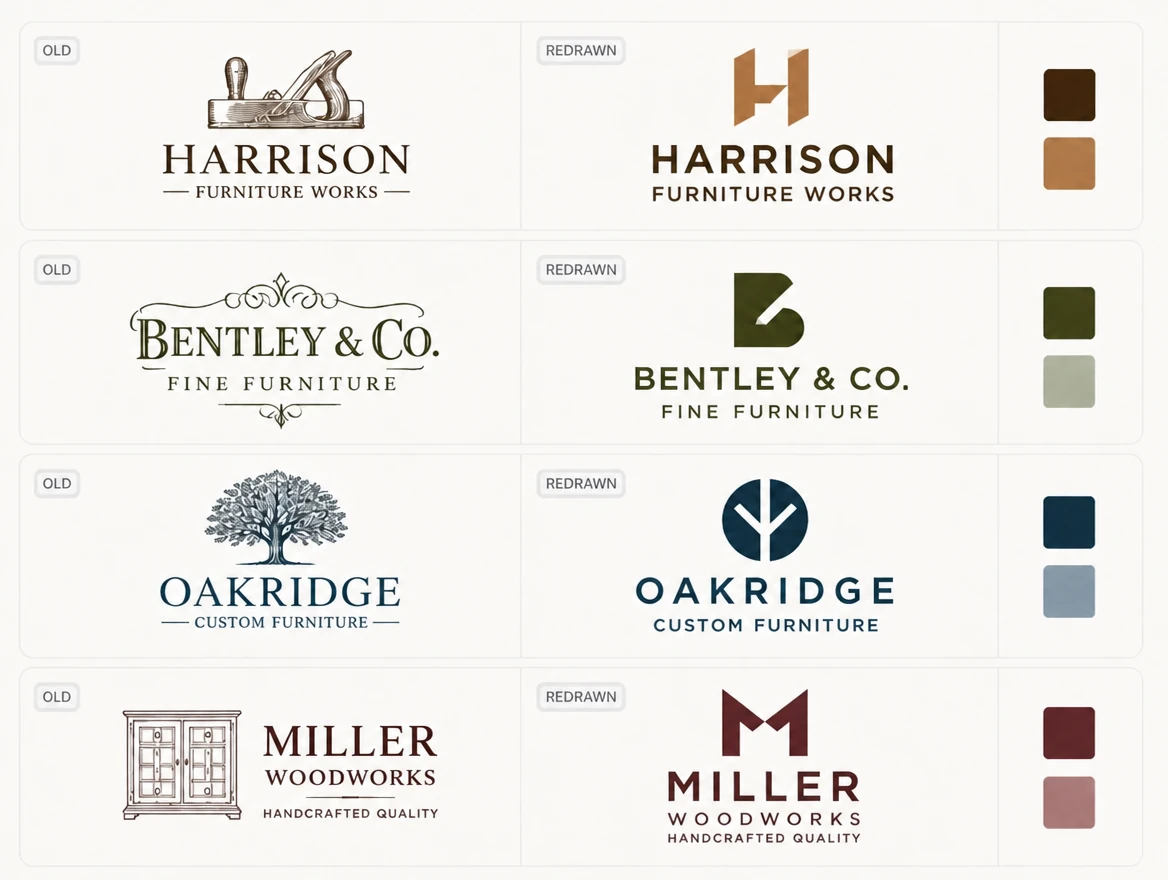A before and after board pairing a furniture maker's trade-counter logo with its redrawn version and palette