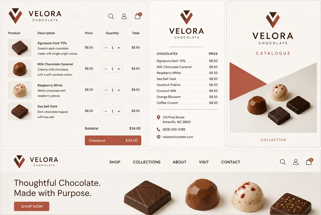A price list, a catalogue cover and a website header for one chocolate maker, all carrying the same new logo.