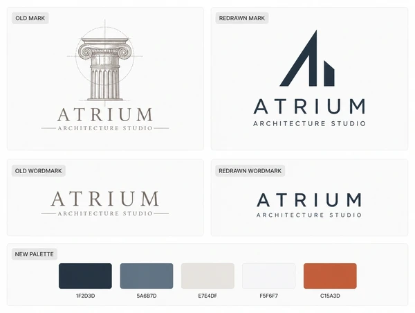 A before and after board pairing an architecture studio's first logo with its redrawn version and palette