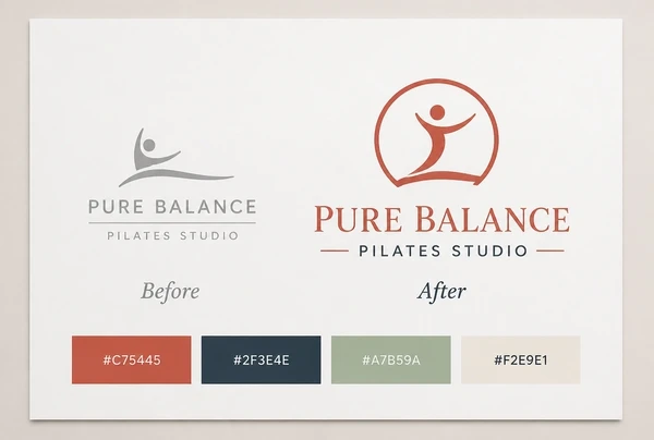 A board showing an old pilates studio logo beside the new redrawn logo and its colours