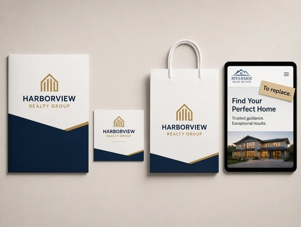 Four real estate items where three carry the new identity and one still shows the old logo