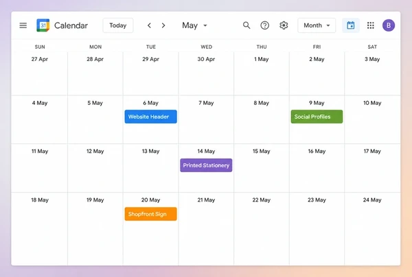 A Google Calendar month view with four dated steps of an artisan bakery rebrand rollout