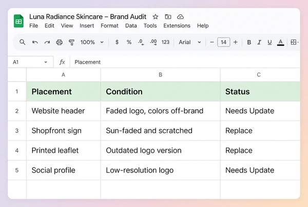 A Google Sheets brand audit listing four places a skincare brand logo still appears