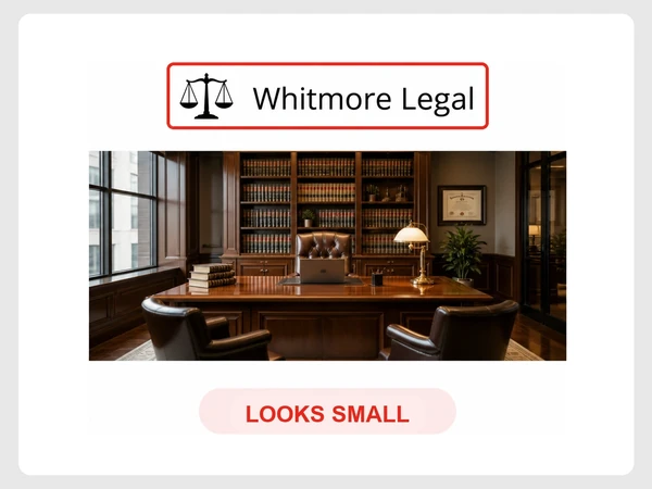 Whitmore Legal website header pairs a grand office photo with a tiny homemade logo labeled Looks small.