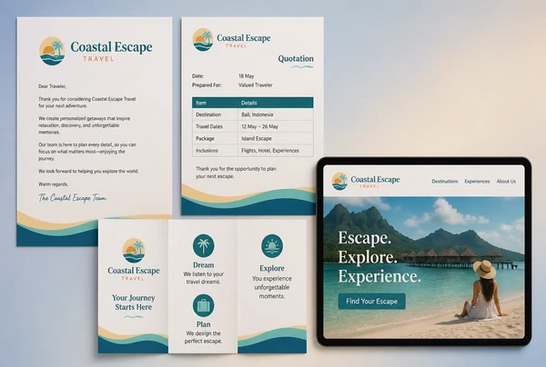 A letterhead, quotation, leaflet and website header for a travel agency rebuilt in the new brand