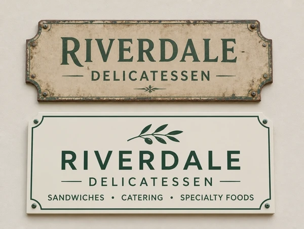An old delicatessen name plate above a new plate carrying the updated logo and line