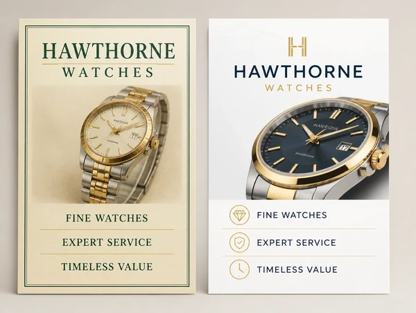 An older luxury watches leaflet beside the updated version carrying the same business name