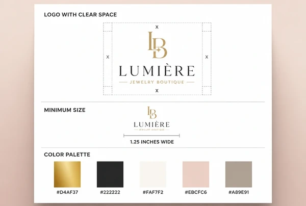 A printed jewellery boutique guidelines page showing logo spacing, minimum size and colour codes