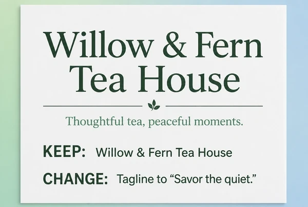 A printed page showing a tea house business name with a proposed brand line and notes