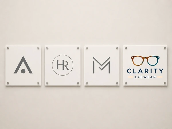 Four sign panels in a row where only the rebranded eyewear brand one carries full colour