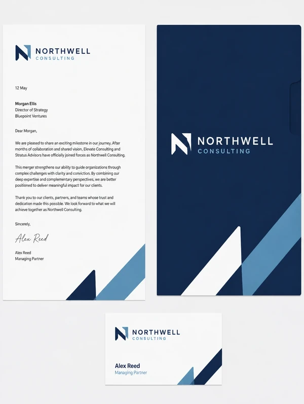 A tall stationery set for a merged consultancy, a letter, a folder and a name card all in the single new logo