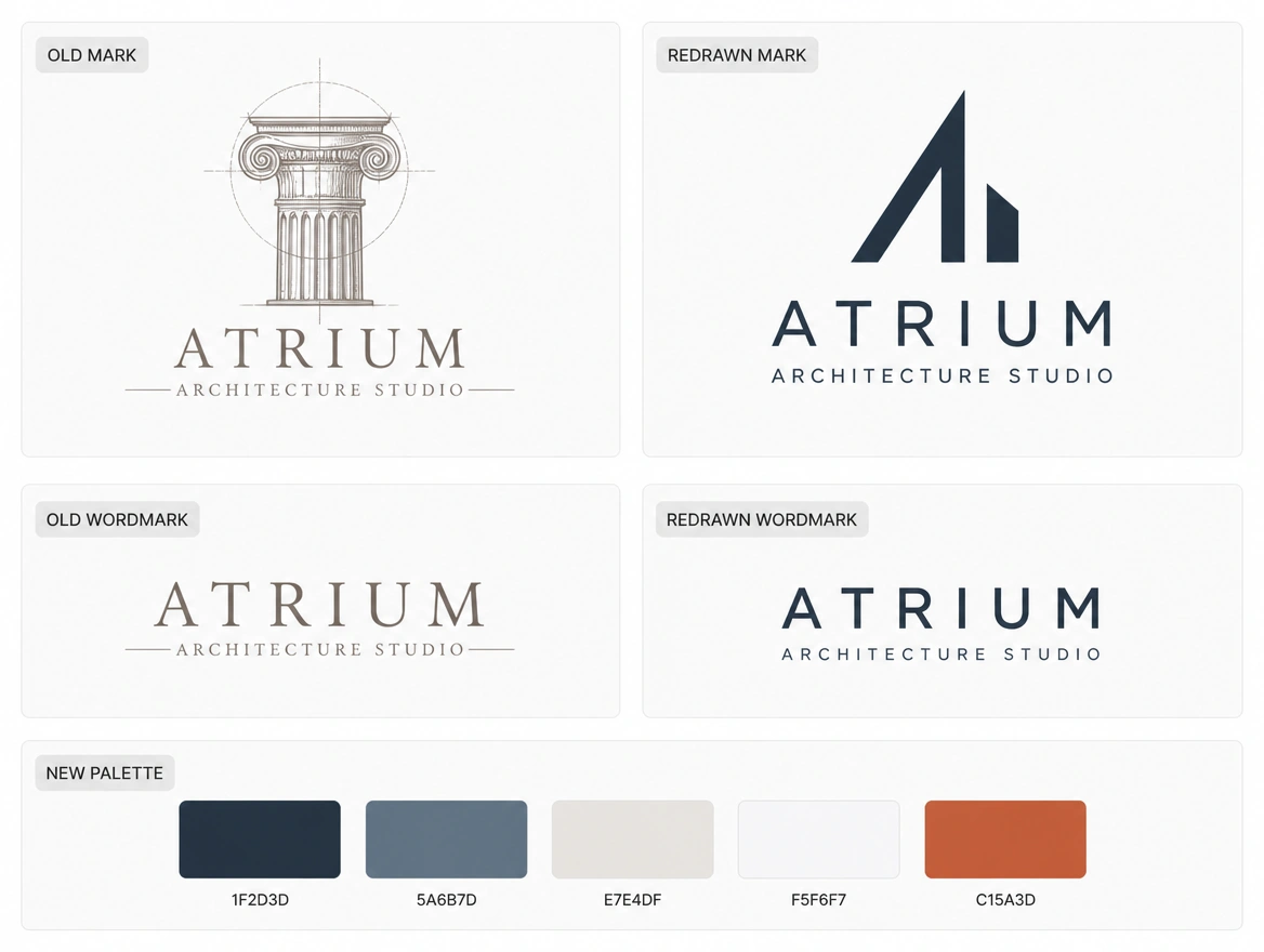 A before and after board pairing an architecture studio's first logo with its redrawn version and palette