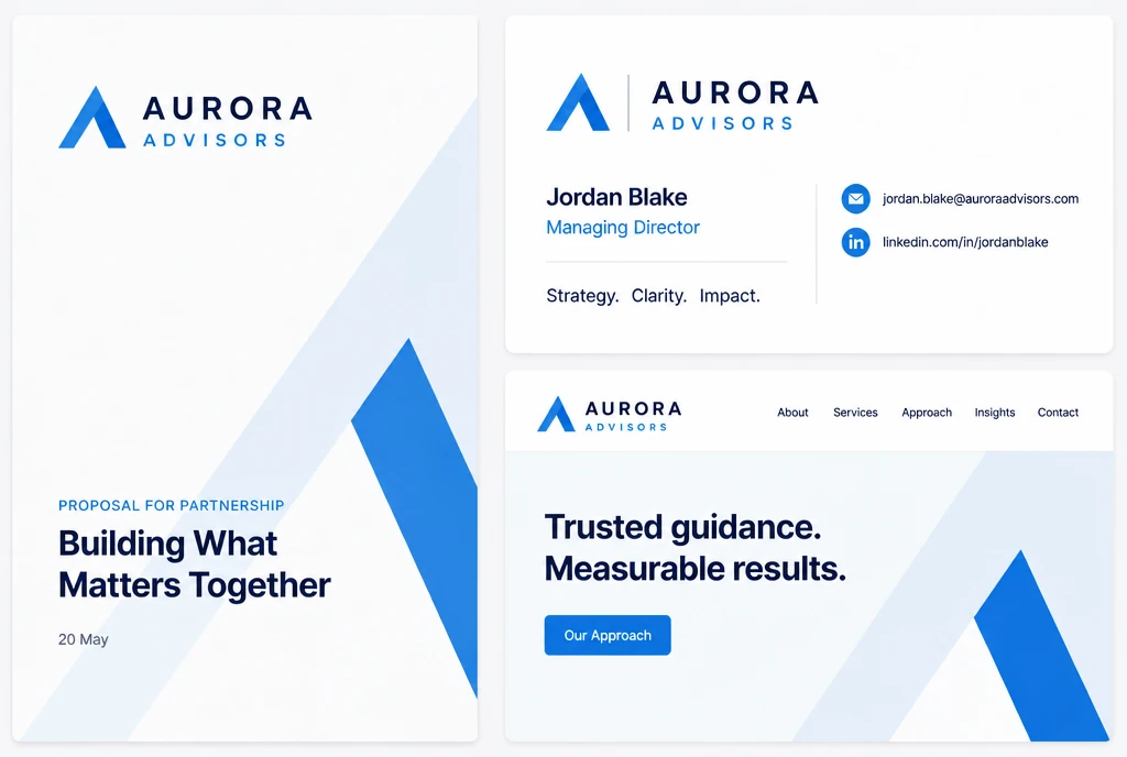 A matched set of a proposal cover, an email signature and a website header for one firm in one new logo