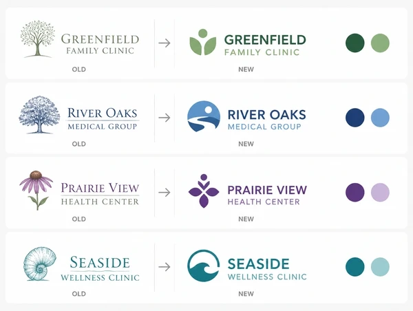 A before and after board pairing a clinic group's first logo with its redrawn version and palette