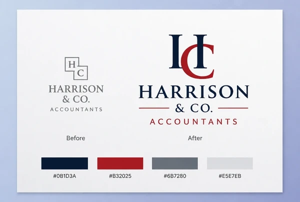 A board showing an old accountancy practice logo beside the new redrawn logo and its colours