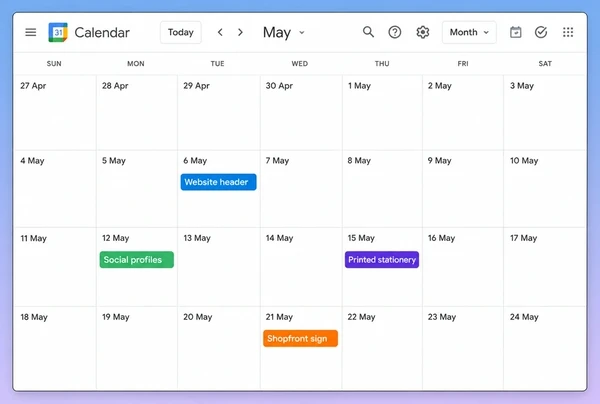 A Google Calendar month view with four dated steps of a veterinary practice rebrand rollout