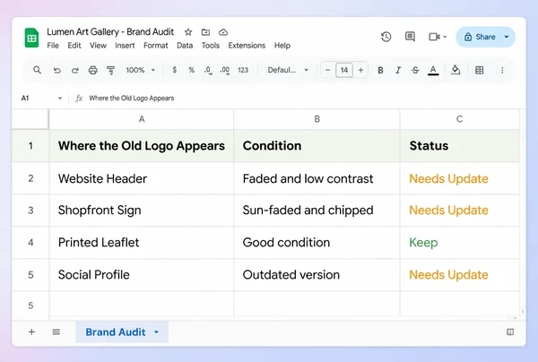 A Google Sheets brand audit listing four places an art gallery logo still appears
