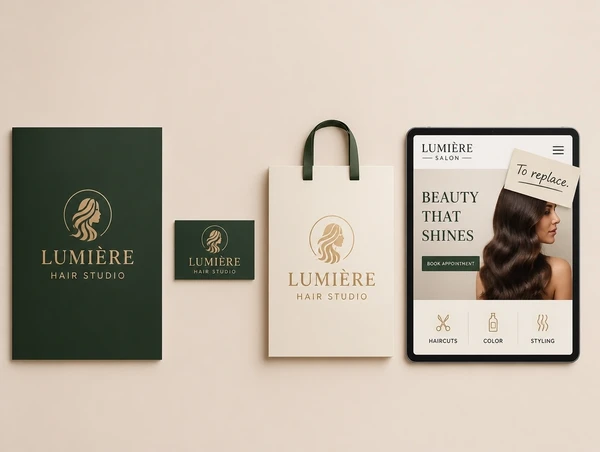 Four hair salon items where three carry the new identity and one still shows the old logo