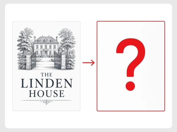 The Linden House intricate engraved logo points to an empty sketch card with a red question mark.