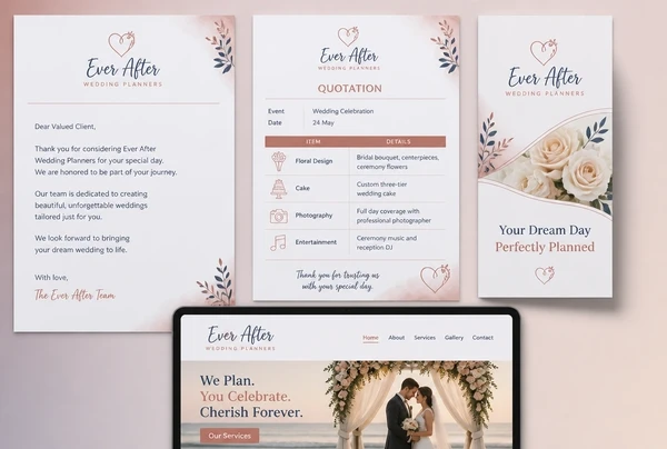 A letterhead, quotation, leaflet and website header for a wedding planner rebuilt in the new brand
