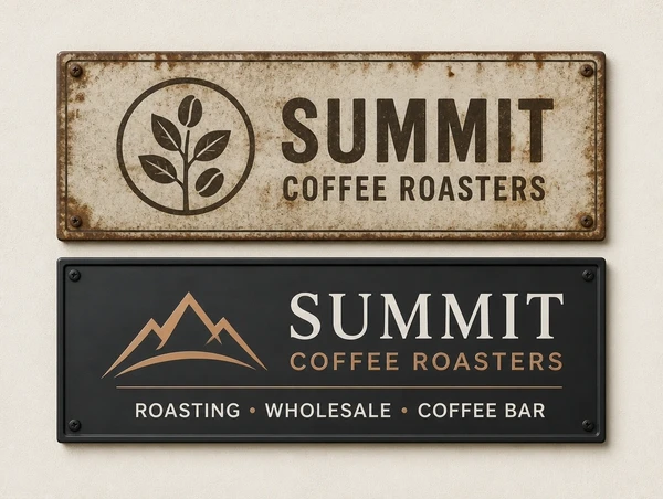 An old coffee roastery name plate above a new plate carrying the updated logo and line