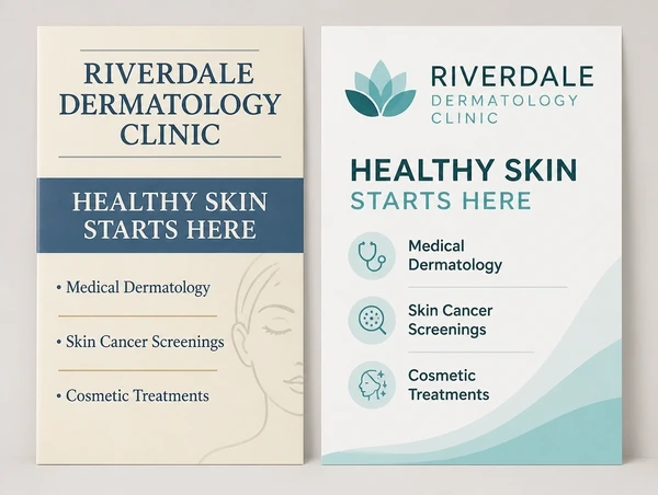 An older dermatology clinic leaflet beside the updated version carrying the same business name
