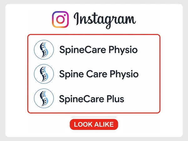 Three similarly named physiotherapy profiles use nearly identical spine logos in Instagram results.