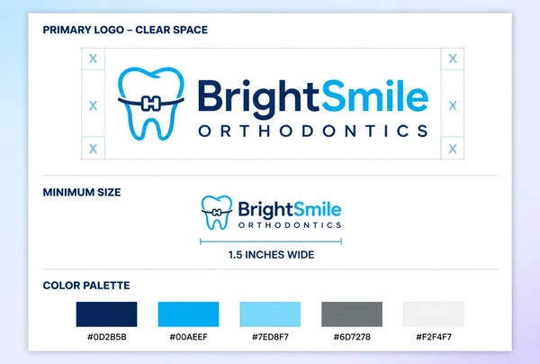 A printed orthodontic practice guidelines page showing logo spacing, minimum size and colour codes