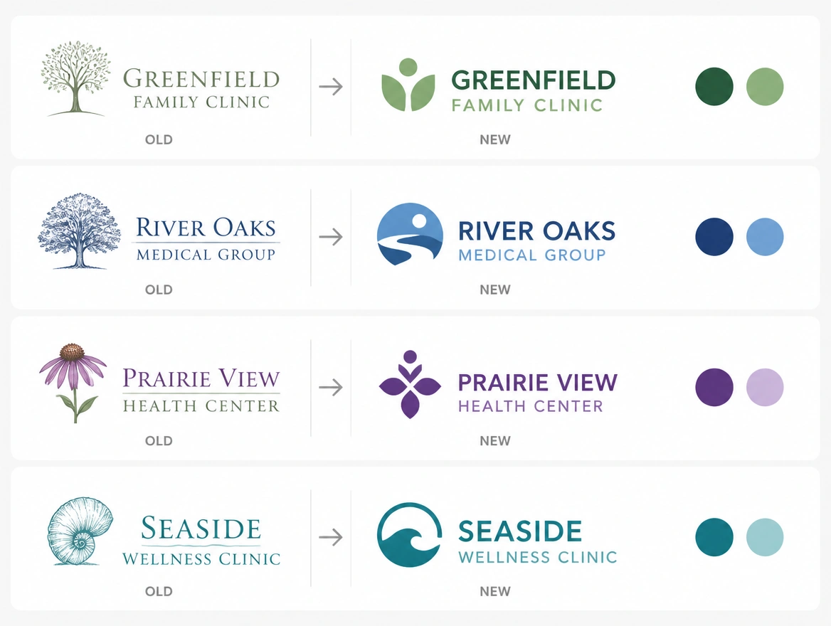 A before and after board pairing a clinic group's first logo with its redrawn version and palette