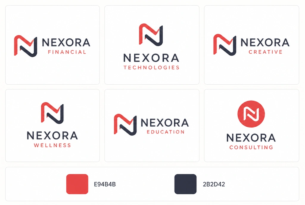 Six applications of one redrawn logo laid out as a contact sheet, all to one spec, with the colour codes beneath