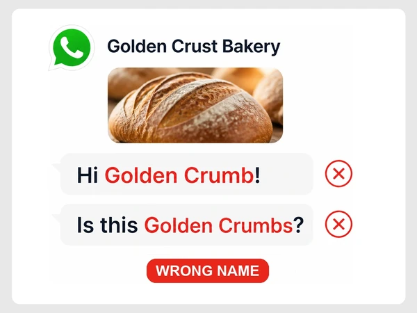 Golden Crust Bakery messages wrongly address the business as Golden Crumb and Golden Crumbs.