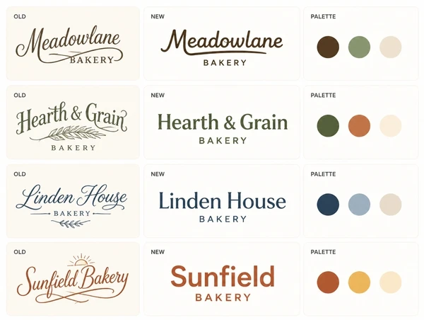 A before and after board pairing a heritage bakery's hand-lettered logo with its redrawn version and palette
