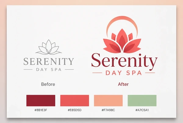A board showing an old day spa logo beside the new redrawn logo and its colours