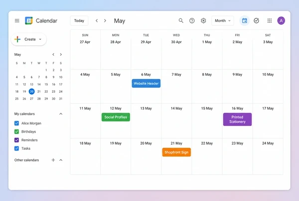 A Google Calendar month view with four dated steps of a stationery brand rebrand rollout