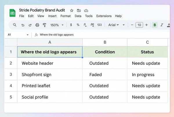 A Google Sheets brand audit listing four places a podiatry practice logo still appears