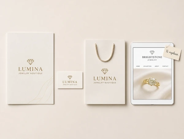 Four jewellery boutique items where three carry the new identity and one still shows the old logo