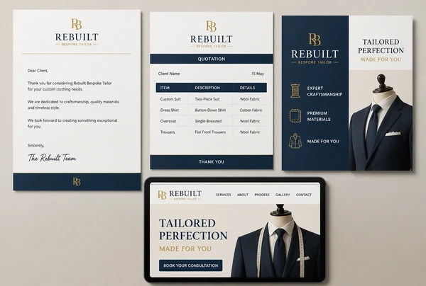 A letterhead, quotation, leaflet and website header for a bespoke tailor rebuilt in the new brand