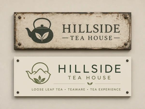 An old tea house name plate above a new plate carrying the updated logo and line