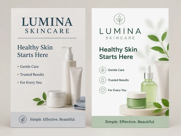 An older skincare brand leaflet beside the updated version carrying the same business name