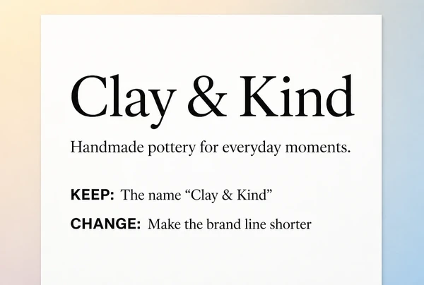A printed page showing a ceramics studio business name with a proposed brand line and notes