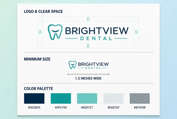 A printed dental practice guidelines page showing logo spacing, minimum size and colour codes