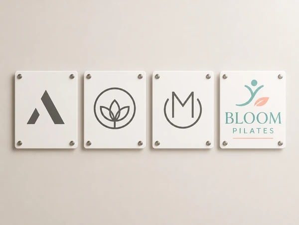 Four sign panels in a row where only the rebranded pilates studio one carries full colour