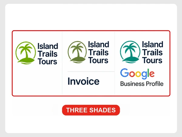 Island Trails Tours palm logo appears in lime, olive, and teal across three different items.