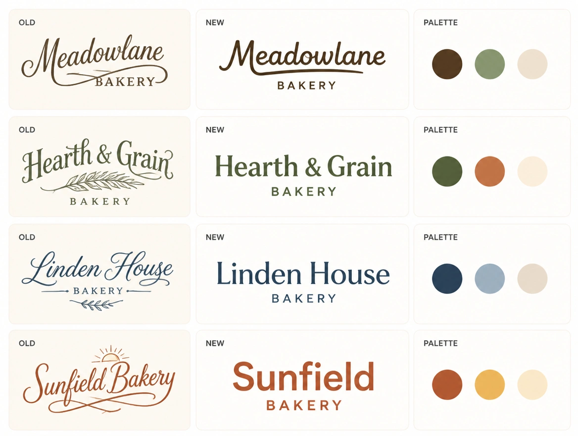 A before and after board pairing a heritage bakery's hand-lettered logo with its redrawn version and palette
