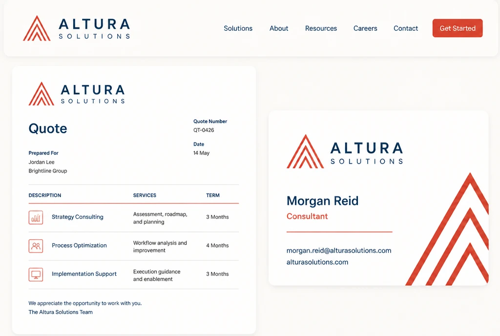 A matched set of a quote document, a name card and a website header in one redrawn logo