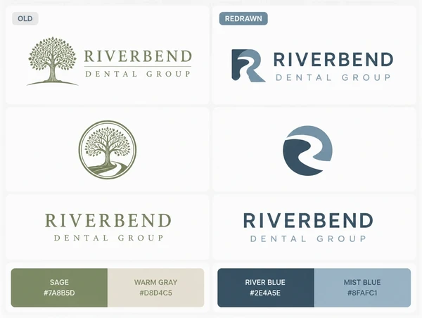A before and after board pairing a dental group's first logo with its redrawn version and palette